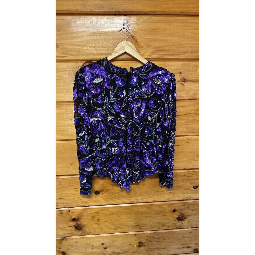 VINTAGE LAWRENCE KAZAR BLACK 100% SILK PURPLE BEADED SEQUIN LONG SLEEVE TOP - M